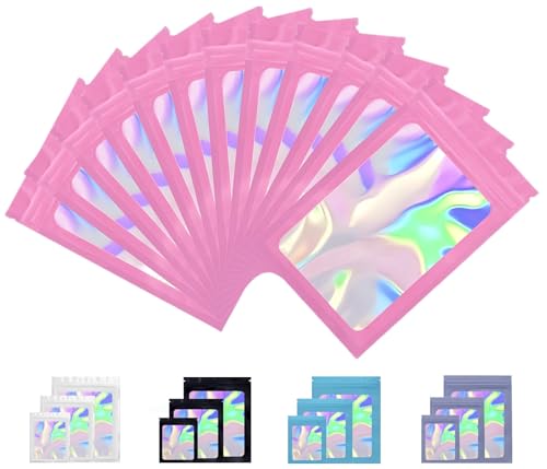 Rimiko 150 Stück Druckverschlussbeutel Aluminiumfolie mit Reißverschluss und Transparentem Fenster, Zip Folien Mylar beutel, Wiederverschließbare Tasche (Rosa Holographische, 7x10cm) von Rimiko