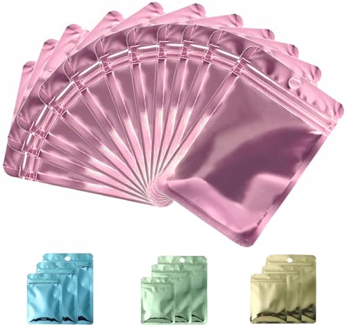 Rimiko 50 Stück luftdichte Druckverschlussbeutel bunte, kleine Ziplock-Plastiktüten, wiederverschließbare Beutel für Verpacken Proben, Einzelhandel und Lebensmittel (Metallisch Rosa, 7x10cm) von Rimiko