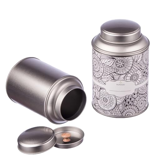 4 große Teedosen für losen Tee mit extra Aromadeckel inkl. Etiketten | stapelbar | Höhe: ca. 13,9 cm, Ø ca. 8,7 cm (für ca. 100g - 150g Tee) | Material: Weißblech | BPA-frei und lebensmittelecht von Rimoco