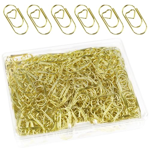 Rimoev Herzförmige Gold Büroklammern 200 Stück Set mit Transparentbox, Klein, Oval Motiv, Gold Metall Klemmen für Dekorative Hochzeiten, Postkarten, Schule, Büro von Rimoev