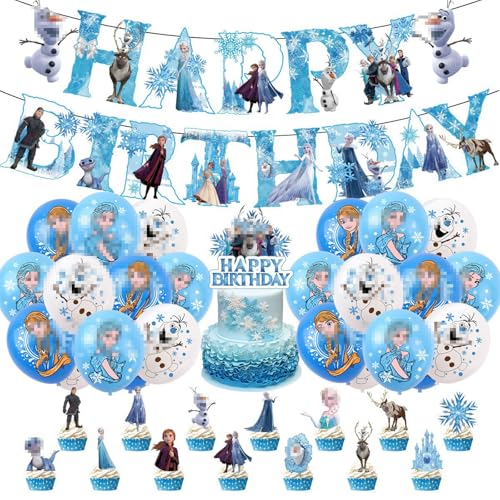 Eisprinzessin Geburtstagsdeko Set Mädchen 35 TLG, Winterprinzessin Partydeko mit Luftballons, Happy Birthday Banner, Cupcake Topper & Band, Blau Deko für Kindergeburtstag 4 Jahre von Rimtpuz