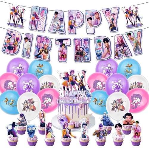 Kpop Dämonenjäger Geburtstagsdeko Set ,Banner, Großer Kuchentopper, 12 Mini Topper & 16 Ballons – Coole Anime-Style Partydekoration für Kinder und Fans von Rimtpuz