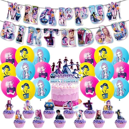 K𝘱𝘰𝘱 D𝘦𝘮𝘰𝘯 H𝘶𝘯𝘵𝘦𝘳𝘴 Geburtstags Deko Set,Banner, Großer Kuchentopper, 12 Mini Topper & 18 Ballons – Coole Partydekoration für Kinder und Fans von Rimtpuz