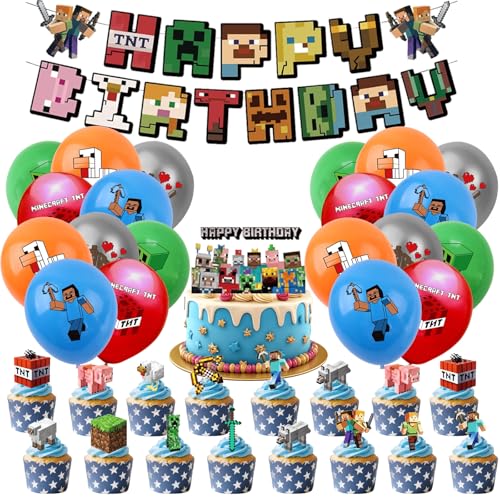 Pixel Geburtstagsdeko Jungen, 50 Stück Videospiel Party Deko Set mit Banner, Luftballons, Cupcake Topper, Tortendeko und Bändern für Kinder Geburtstag Gaming Mottoparty Pixel Geburtstagsdeko Jungen, 50 Stück Videospiel Party Deko Set mit Banner, Luftballons, Cupcake Topper, Tortendeko und Bändern für Kinder Geburtstag Gaming Mottoparty von Rimtpuz