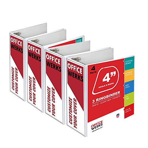 3 Ringbuch, Professioneller Winkel D Ringbuch 4 Zoll, Präsentationsmappen für Standardseiten 8,5 x 11 mit Taschen, Crystal Clear View White Binder (4 Pack) von Ring Binder Depot