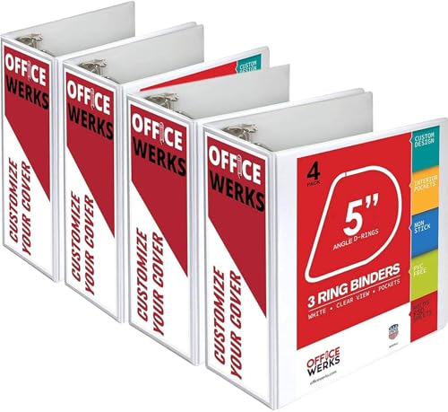 3-Ringbuch, professionelle D-Ringbuch, 12,7 cm, Präsentationsmappe für Standard-Seiten 8,5 x 11 mit Taschen, kristallklares Sichtbuch, weiß, 4 Stück von Ring Binder Depot