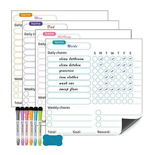 Rinteea 1 Set trocken abwischbare Aufgabendiagramme für Kinder, 4 Stück trocken abwischbare Verhaltenstabellen und 6 farbige Marker mit Radiergummi, mehrfarbige Verhaltenstabelle von Rinteea