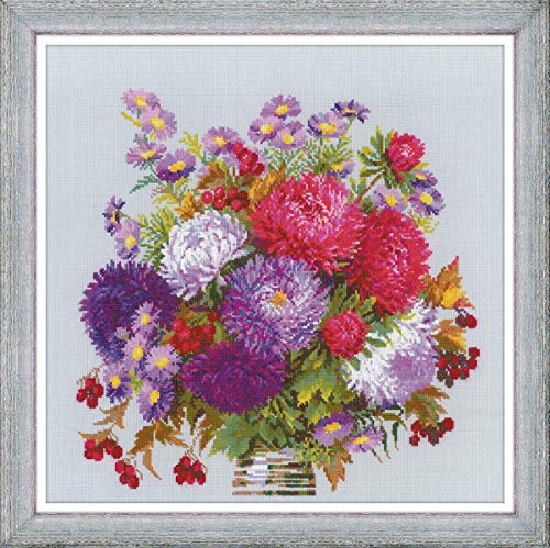 Riolis 1773 Blumenstrauß mit Astern, Zählmuster Kreuzstich-Set, Baumwolle, mehrfarbig, 4040cm von Riolis