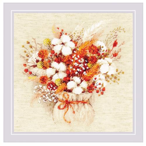 Riolis Kreuzstich-Set "Blumenstrauß mit Samtgras und Baumwollballen" 25x25 cm, Zählmuster von Riolis