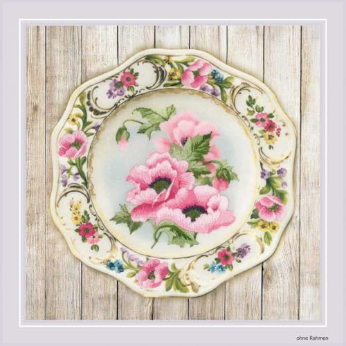 Riolis Stickbildset Plattstich "Teller mit rosa Mohnblumen", Stickbild vorgezeichnet von Riolis