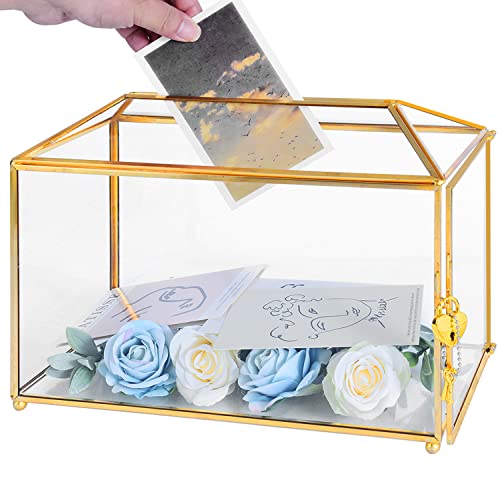 Ripprovt 32x15x22.9 cm große Glas-Kartenbox mit Schlitz, handgefertigte Vintage-Gold-Hochzeitskartenboxen für Empfang, Brautparty/Babyparty, Andenken, Party-Tafelaufsatz, dekorative Box von Ripprovt