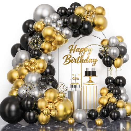 Riqiaqia 147Stück Schwarz Gold Luftballon Girlande, Gold Schwarz Silber Luftballons Geburtstagsdeko für Geburtstag, Silvester Deko 2026, Abschluss Party Deko, Hochzeit von Riqiaqia