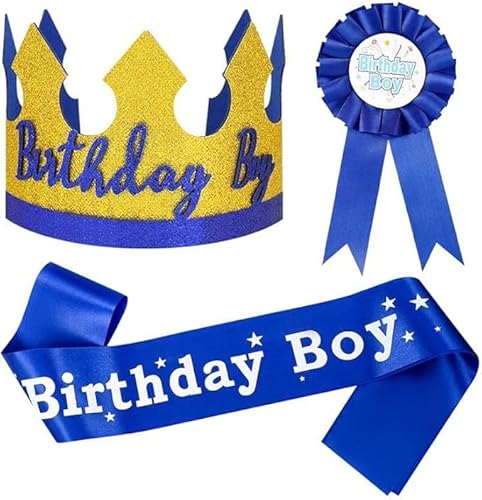 Risipu 3 Stück Geburtstags-Schärpe, verstellbarer Kronenhut mit Abzeichen für Jungen und Mädchen, Happy Birthday Dekorationen, Foto-Requisiten für Kindergeburtstagsparty (Gold-Blau) von Risipu