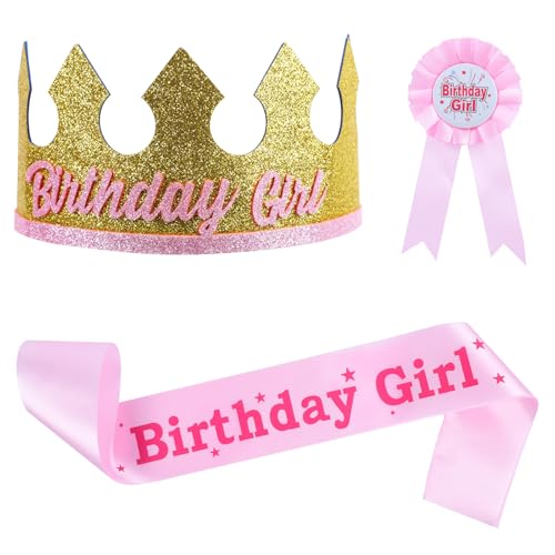 Risipu 3 Stück Geburtstags-Schärpe, verstellbarer Kronenhut mit Abzeichen für Jungen und Mädchen, Happy Birthday Dekorationen, Foto-Requisiten für Kindergeburtstagsparty (Gold-Rosa) von Risipu