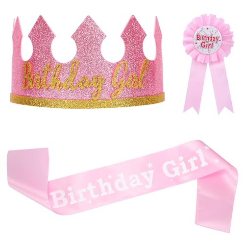 Risipu 3 Stück Geburtstagsschärpe, verstellbare Kronenhut mit Abzeichen für Jungen und Mädchen, Happy Birthday Dekorationen, Foto-Requisiten für Kindergeburtstag, Party (Rosa) von Risipu