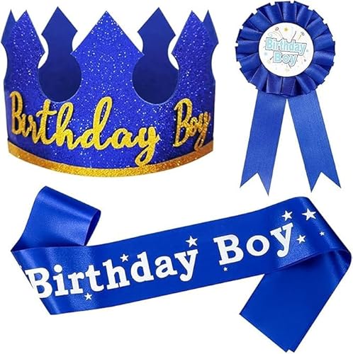 Risipu 3 Stück Geburtstagsschärpe, verstellbare Kronenhut mit Abzeichen für Jungen und Mädchen, Happy Birthday Dekorationen, Foto-Requisiten für Kindergeburtstag, Party (blau) von Risipu