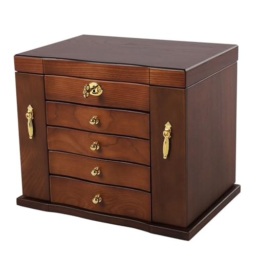 Ritabiity Holz-Schmuckschatulle für Damen, Ohrringe, Halsketten, Ringe, Holz-Organizer mit Kombi-Schloss, Spiegel, 5-lagig, Vintage-Stil, Aufbewahrungsbox von Ritabiity
