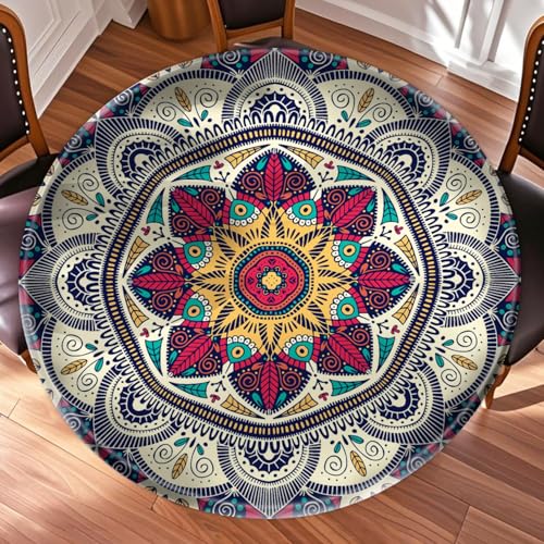 Ritgssi Runde Tischdecke für Küche, Mandala-Blumenmuster, runde Abdeckung mit elastischem Rand, wasserdicht, Picknick-Tischdecke für Abendessen, Outdoor, Party, Camping, Grillen, 111,8 cm, Violett von Ritgssi