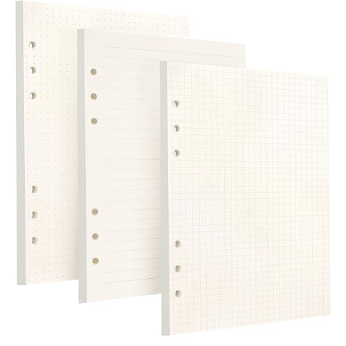 3 Stück A5 Nachfüllpapier 6 Löcher Papier Kariert 180 Blatt/360 Seiten,Ringbucheinlagen A5 Kariert 21x14.5cm, Ordnerfüllpapier für A5-Ringbuch, Agende, Tagebücher(Gepunktet+Kariert+Liniert) von Rixotix