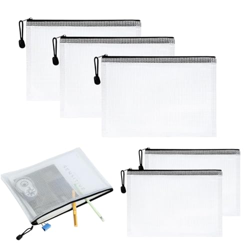5 Stück Dokumententasche mit Reißverschluss A5, Mesh Plastic Zip Bag, Wasserdichte Document Case, Reißverschlusstasche Zip Beutel Tasche Wallet Taschen Kunststoff Mesh Dokumentenmappen, Weiß von Rixotix