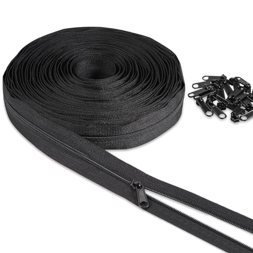 Endlos Reissverschluss Schwarz mit Zipper, 10m Nylon Reißverschluss Meterware mit 20 Metall Schieber, für Kleidung Tasche Mäppchen Bettwäsche von Rixotix
