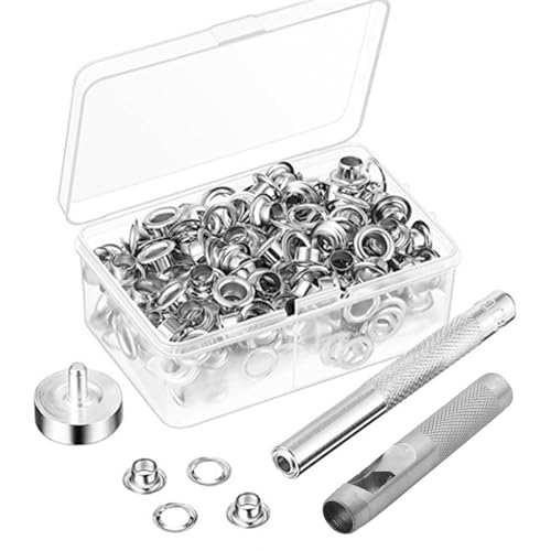 Ösen Werkzeug Kit, 100 Sets Ösen Scheiben 6mm Tülle Ösen Scheiben Ösenzange mit 3tlg Werkzeugset, Grommet Werkzeug Kit für DIY Leder Handwerk Stoff Vorhang Poolabdeckung(Silber) von Rixotix