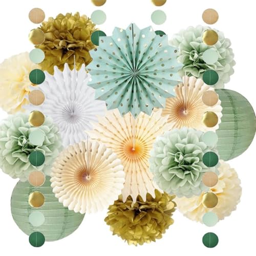 Party Deko Salbeigrün Gold Geburtstag Deko Geburtstag Mädchen Junge Grün Gold Seidenpapier Pompons Papierlaterne Punkte, Geburtstag Deko Frauen Mann, Happy Birthday Girlande von Rixotix