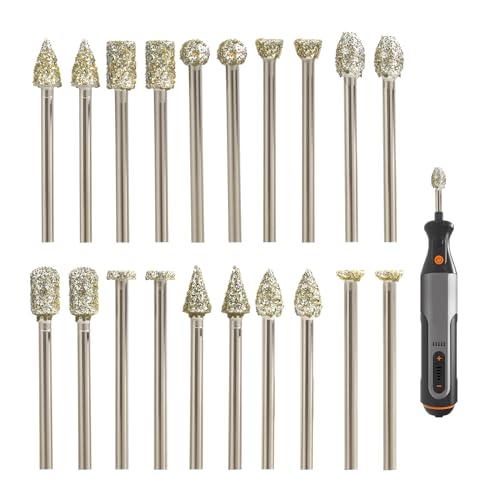 20 Stück Diamant Fräser Set, geeignet für Dremel und andere Rotationswerkzeuge 1/8" 3mm Achse, in verschiedenen Formen, für Schnitzen, Schleifen, Polieren und Glas und Keramik geeignet 20 Stück Diamant Fräser Set, geeignet für Dremel und andere Rotationswerkzeuge 1/8" 3mm Achse, in verschiedenen Formen, für Schnitzen, Schleifen, Polieren und Glas und Keramik geeignet von Riybyds