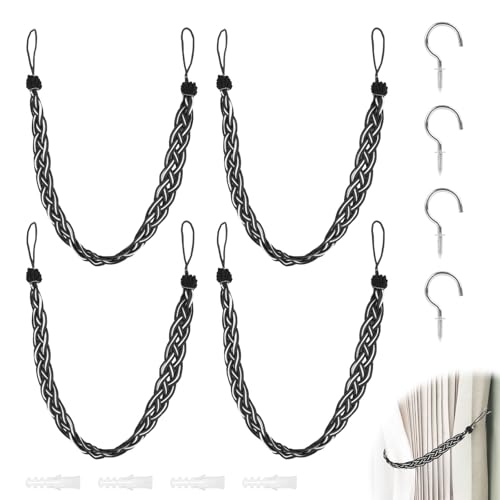 4 Stück, 60cm Raffhalter für Vorhänge, Handgestrickte Vorhangbinder in Schwarz, Gardinen Raffhalter Metallhaken und Gummistopper, Vielseitig Einsetzbar für Wohnzimmer, Schlafzimmer und Büro von Riybyds