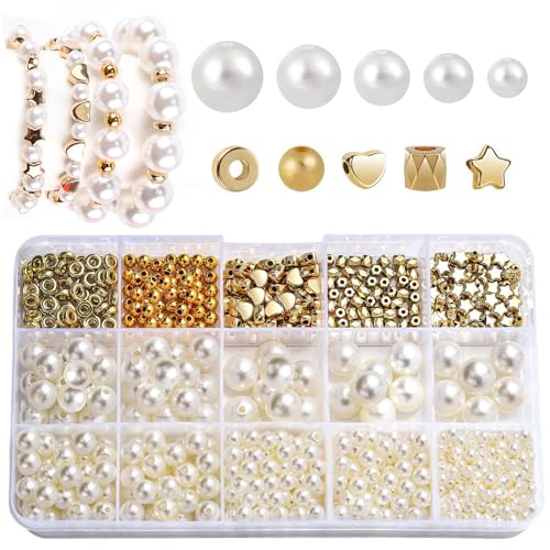 Weiß Perlen für Armbänder 720 Stk Perlenset Bastelperlen zum Auffädeln Runde Lose Perlen Basteln Schmuck mit Gold Abstandsperlen von Rjayaa