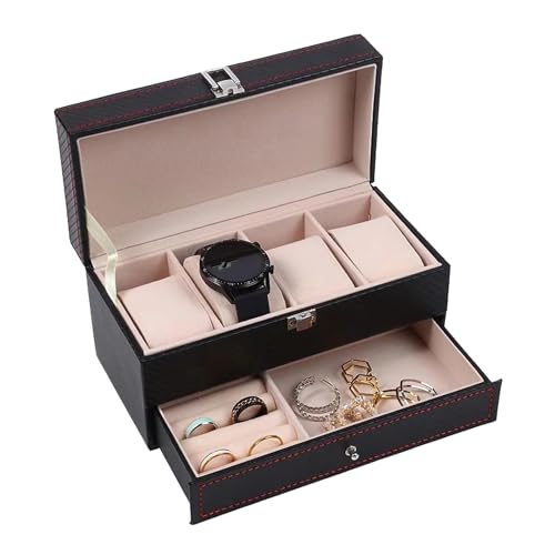 Uhren Aufbewahrungsbox, Uhrenbox mit 4 Uhren Fächer, Doppellagige Uhrenbox, Uhrenkasten für Herren Damen, Schmuckschatulle mit Uhrenfach, für Uhren, Schmuck, Ringe, Armbänder und Halsketten -Schwarz Uhren Aufbewahrungsbox, Uhrenbox mit 4 Uhren Fächer, Doppellagige Uhrenbox, Uhrenkasten für Herren Damen, Schmuckschatulle mit Uhrenfach, für Uhren, Schmuck, Ringe, Armbänder und Halsketten -Schwarz von Rkllejs