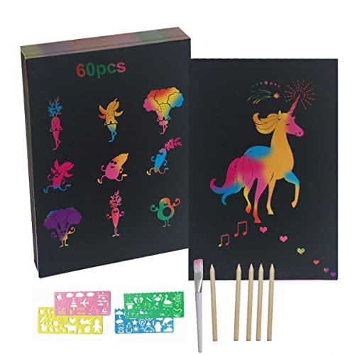 Rluobo Kratzbilder für Kinder, 60 Blätter Regenbogen Kratzpapier,5 Holzstifte,4 Malschablonen, Magic Scratch Book, Kratzpapier Set zum Zeichnen und Basteln, Kratzbuch Mädchen/Jungen, 13 * 19cm von Rluobo