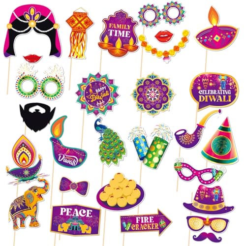 RmKbe 28 Stück Diwali Photo Booth Requisiten Festival der Lichter Requisiten Deepavali Party Supplies Happy Diwali Party Dekoration für Indianer von RmKbe