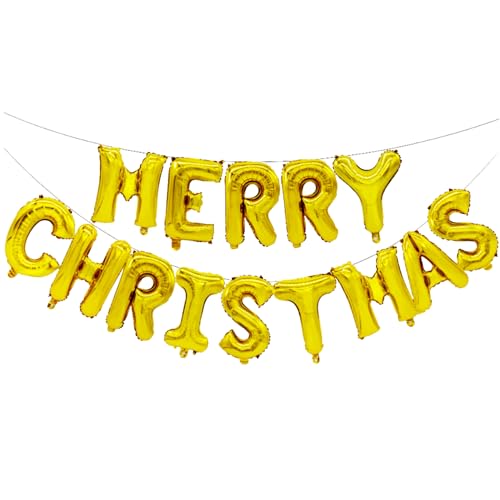 RmKbe Folienballon-Banner mit Aufschrift "Merry Christmas", goldfarbene Folie, Luftballon, Weihnachtsgirlande, Banner, Weihnachtsdekoration, Heim-Party-Dekoration für Wandkamin von RmKbe