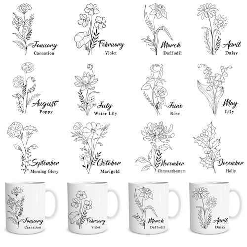 Rngmsi UV-DTF-Becherfolie, Motiv: Geburtsblume, UV-DTF, für 473 ml, Gänseblümchen, Rose, Violett, Seerose, UVDTF-Wraps, personalisierbar, wasserdicht, zum Aufreiben von Glasbechern, Holzarbeiten, 24 von Rngmsi