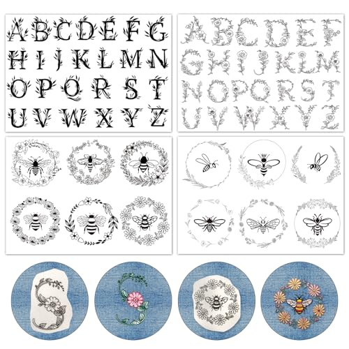 Rngmsi Wasserlösliche Stickmuster – 4 Blatt Blumen-Alphabet-Bienen-Stick- und Stich-Stickdesigns, Wash-Away-Transferpapier-Stabilisatoren für Handnähen, DIY-T-Shirts, Kissen von Rngmsi