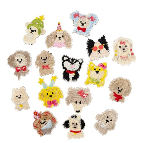 Rnigra 16 Stück Aufnäher zum Aufbügeln, Stickerei-Aufnäher, Anwendung für selbstgemachte T-Shirts, Leinentaschen und Jeans, Cartoon-Hunde-Serie von Rnigra