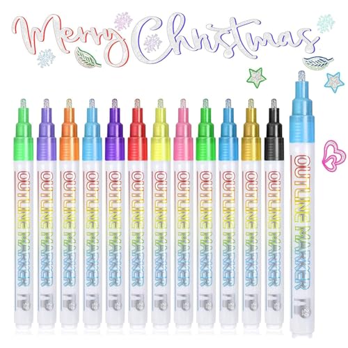Rnigra Glitter Outline Markers 12 Pcs 12 Colors Outline Pens, Glitter Pens for Kids, Arts and Crafts for Kids, Glitter Marker for 4-13 Year Old Girls, for Scrapbook, Art Supplies von Rnigra