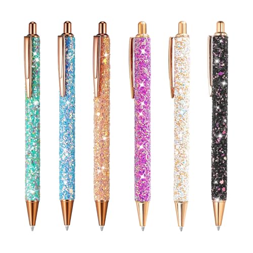 Rnigra Glitzernde Stifte, 6 Stück, hübsche Stifte, Geschenkstifte für Frauen, einziehbare schwarze Kugelschreiber, 1 mm Kugelschreiber für Studenten, Kinder, Erwachsene, Schule, Büro, Zuhause von Rnigra