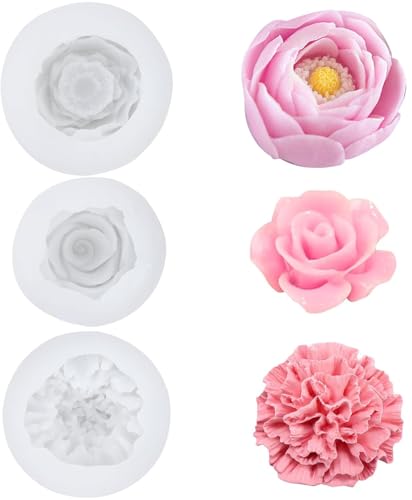 3 Stück Kerzen Formen, DIY Silikonform Blumen, Blütenkugel Silikonformen Gießformen Silikonform Kerzen, Rosen Nelke pfingstrosen Kerzenformen zum Gießen 3D Blumen zum Gießen Kerzen Selber Machen Set von RoYukaa