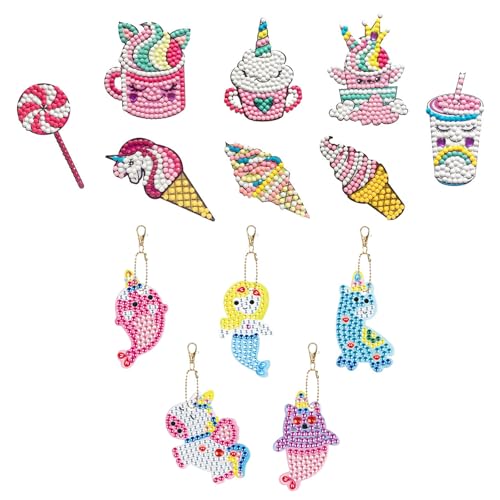 RoadLoo Diamond Painting Kinder, 5D Diamond Painting Einhorn Set Enthalten 8 Schlüsselanhänger Aufkleber 5 Stück Diamanten Kinder Schlüsselanhänger Ideal Geschenke für Mädchen 4-12 Jahre von RoadLoo