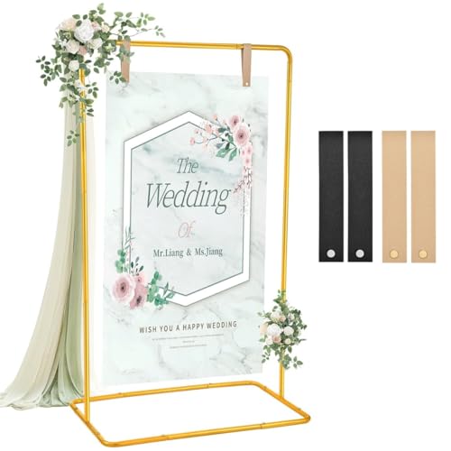 Roadtime Hochzeitsschild-Halter, 80*50*173cm, quadratischer Bogen-Präsentationsständer, robuster Staffelei-Ständer für Schilder mit 2 Lederriemen, geeignet für Sitztabelle, Empfang, Poster (Goldene) von Roadtime