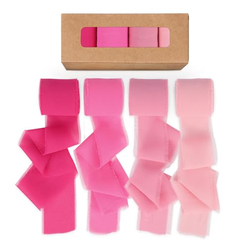 Roahosy 4 Rollen Chiffonbänder, 4 cm x 21 m, ausgefranste Fransen-Seidenbänder, Stoff, rosa Band für Geschenkverpackungen, Blumenstrauß, Einladungen, Bastelarbeiten, Hochzeits-Party-Dekorationen von Roahosy