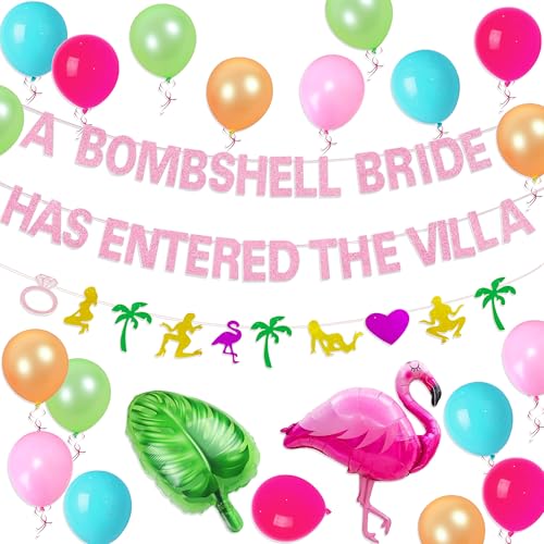A Bombshell Bride Has Entered The Villa Banner Palm Tree Ring Mylar Balloon for Love Island Themed Bachelorette Party Decorations von Roaring Good Time