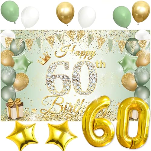 Dekorationen zum 60. Geburtstag für Frauen, Salbeigrün und Gold, Luftballons zum 60. Geburtstag, Dekoration für 60. Geburtstag, Party-Dekoration von Roaring Good Time