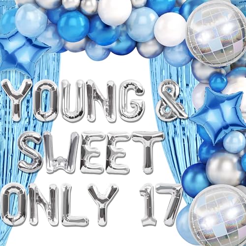 Silber Blau Junge und Süß Nur 17 Geburtstag Deko Junge und Süß Nur 17 Banner Tanzende Königin 17 Deko Disco Luftballons Geburtstag Banner Queen Luftballons von Roaring Good Time
