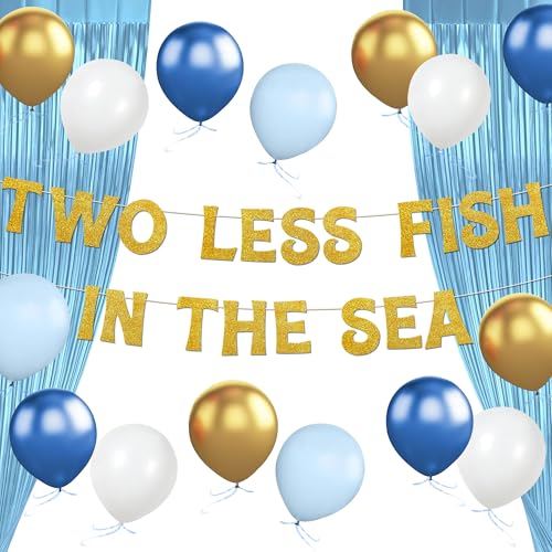 Two Less Fishin the Sea Gold Banner Luftballons Blau Vorhang für nautische Themenverlobung Party Strand Hochzeit Anker Kreuzfahrt Banner Dekorationen von Roaring Good Time