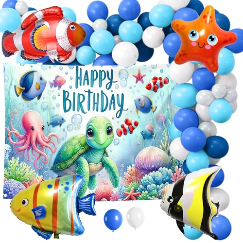 Unter dem Meer Geburtstag Ballons Unterwasser Deko Meerestiere Folienballon Meer Party Deko mit Luftballon Blaue Ozean Dekoration für Mädchen Jungen BabyShark Geburtstagsdeko von Roaring Good Time