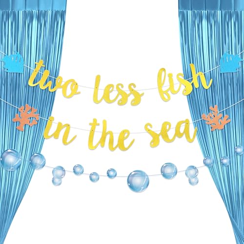 Zwei weniger Fische im Meer, goldener Banner, Luftballons, blauer Vorhang für nautische Themen, Verlobung, Party, Strand, Hochzeit, Anker, Kreuzfahrt, Banner, Dekorationen von Roaring Good Time