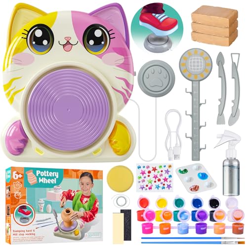 Roaxkois Elektrische Töpferscheibe für Kinder – DIY Töpferset mit Ton, Farben, Werkzeug, Schürze & Aufklebern – Mini-Töpferscheibe ab 6 Jahren, 2 Stufen, Katzendesign – Geschenk für Mädchen & Jungen von Roaxkois
